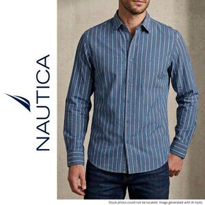 Nautica Men's Large Blue White Pinstripe Long Sleeve Button Down Shirt Reg Fit